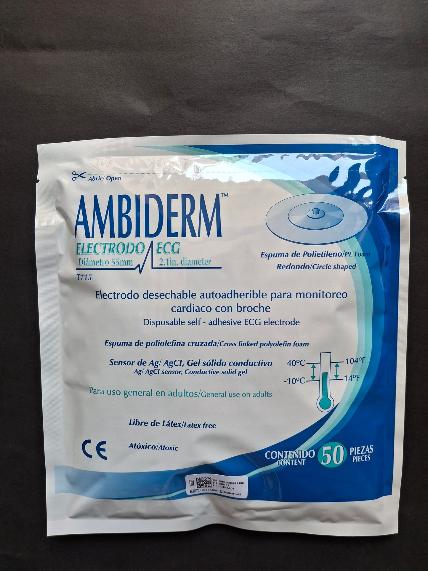ELECTRODO DESECHABLE AUTOADHERIBLE PARA MONITOREO CARDIACO CON BROCHE AMBIDERM 1715 PAQUETE C/50