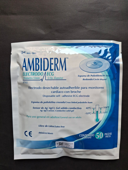 ELECTRODO DESECHABLE AUTOADHERIBLE PARA MONITOREO CARDIACO CON BROCHE AMBIDERM 1715 PAQUETE C/50