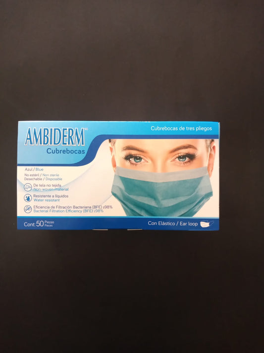 CUBREBOCA TRES PLIEGOS CON AJUSTE NASAL AZUL AMBIDERM CON 50 CAJA